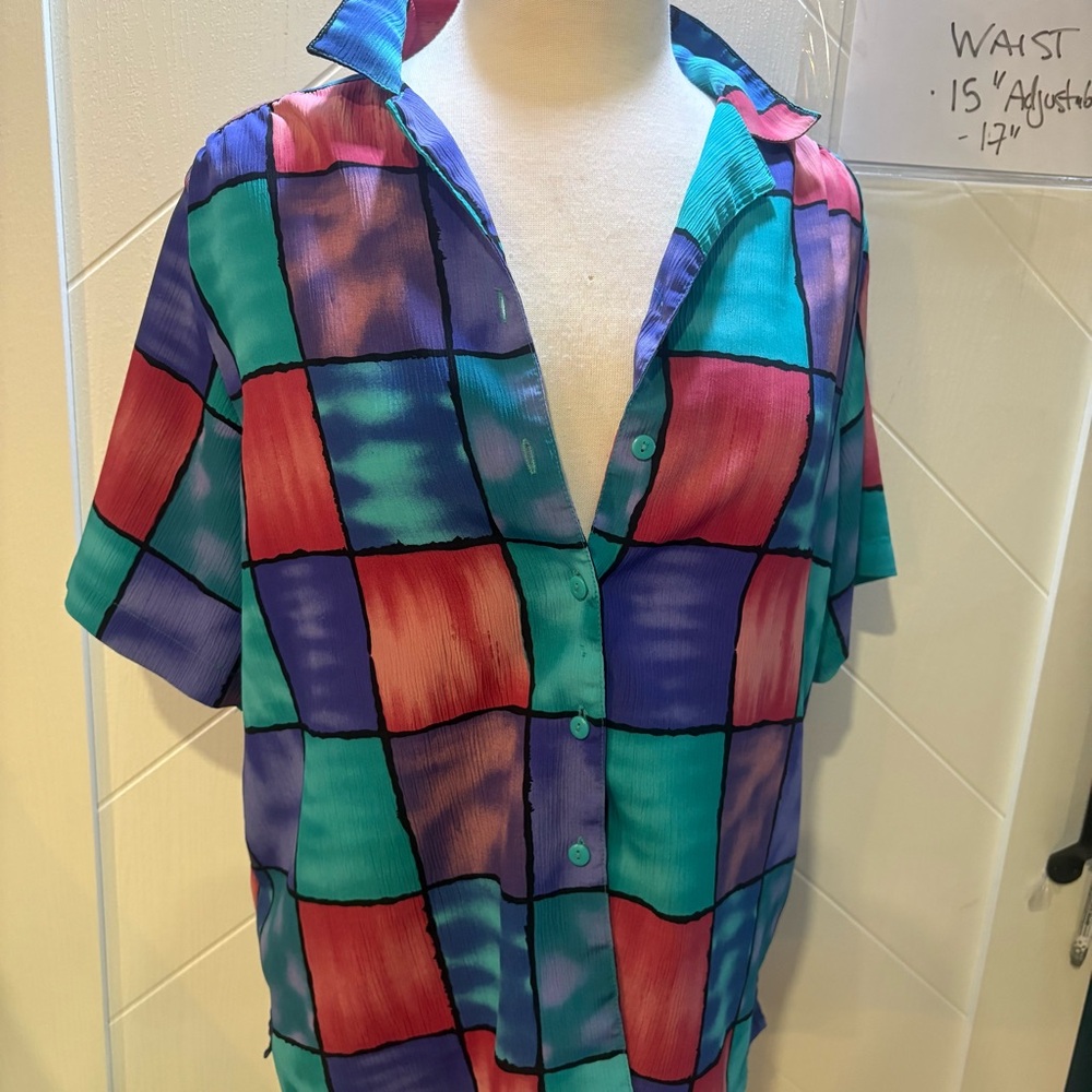 Vintage 90s Colorblock Geometric Abstract Button Down Short Sleeve Blouse Top‎ L - Picture 6 of 8